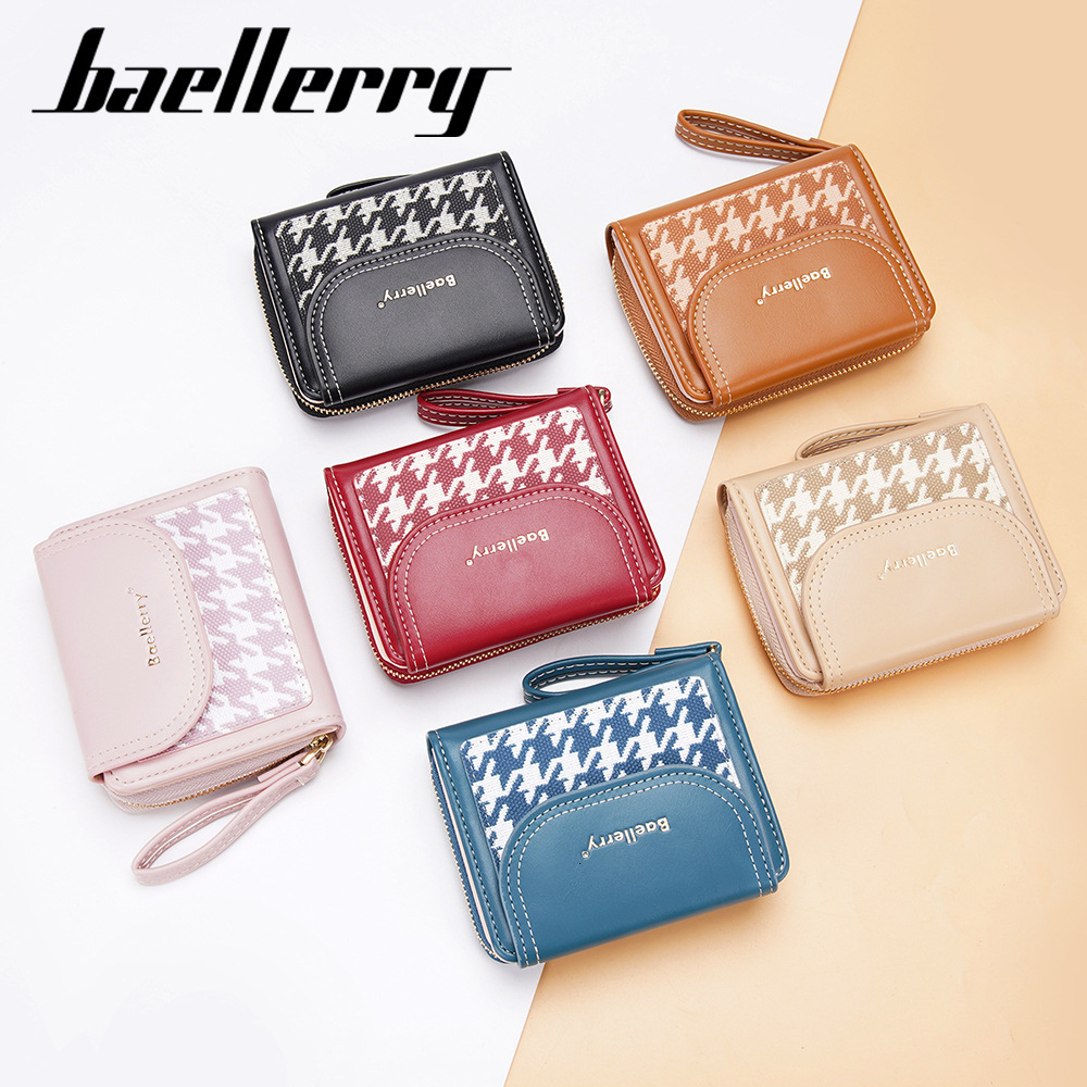 Free Shipping New Women's Short Designer Bag Wallet High-end Student Color-block Zipper Coin Purse Houndstooth PU Small Wallet Handbag