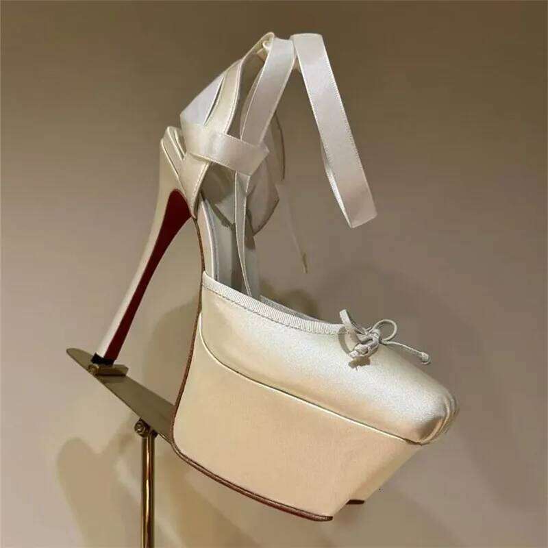 Women Lace-Up High Heeled Shoes for Woman's Square Toe Thin Heels Platform Pumps Mujer Pleated Slingback Wedding Sandals