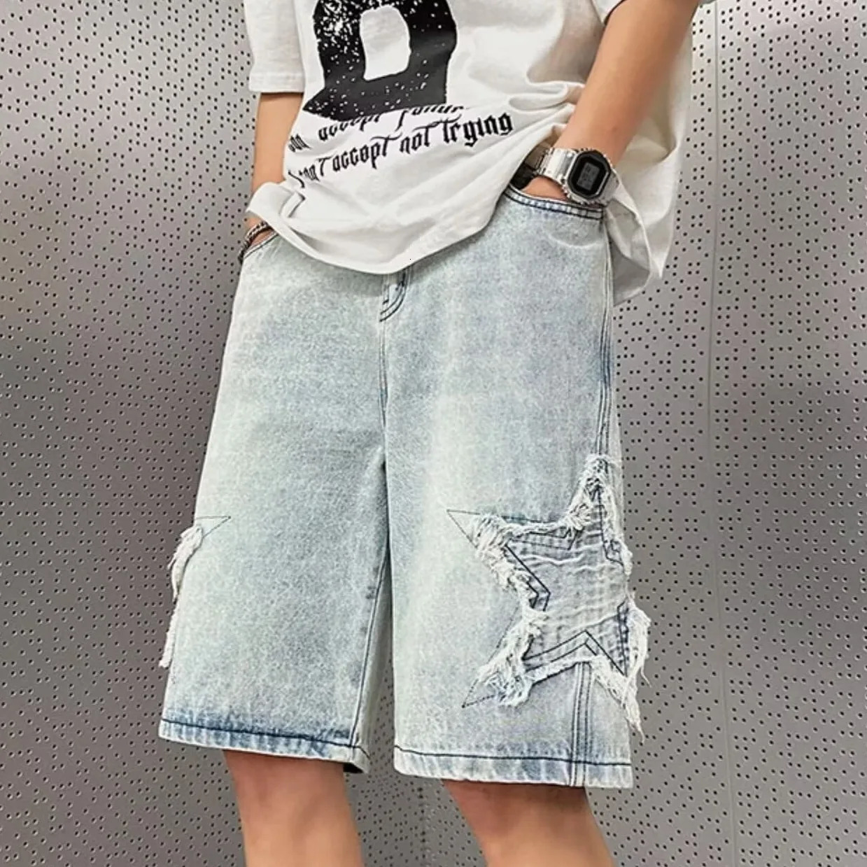 Star Patchwork Yellow Clay Color Jeans Summer Men Denim Shorts Trendy Streetwear Five-point Pants Straight Jeans Shorts 250603