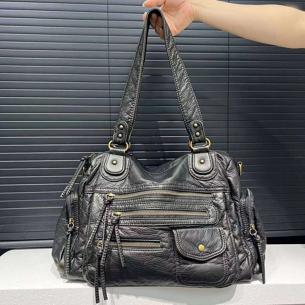 Annmouler Large Capacity Handbag PU Leather Shoulder Y2k Soft Motorcycle Retro Tote Bag For Women