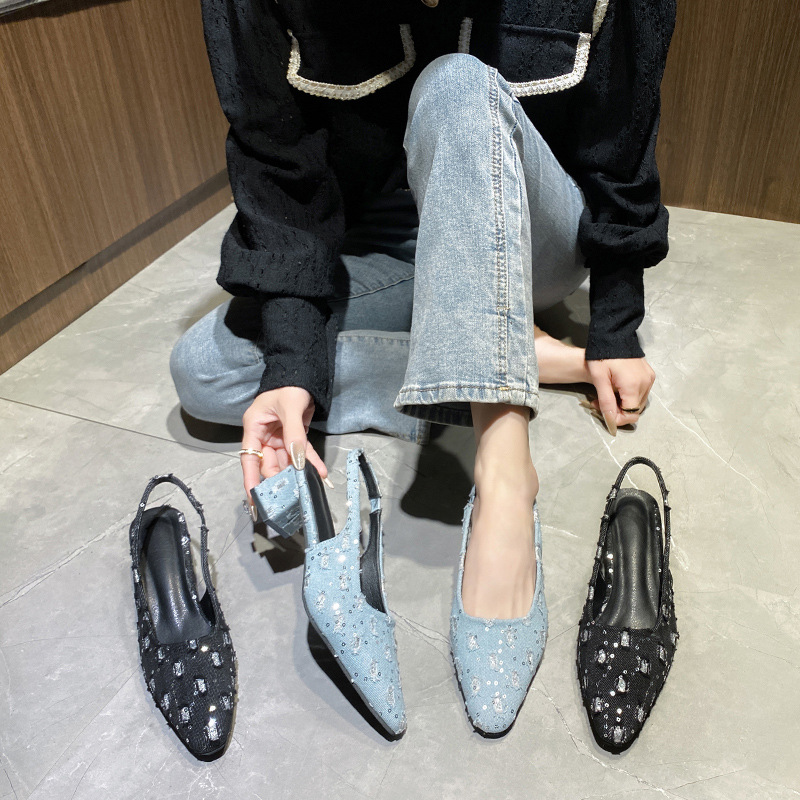 designer sandals with a toe cap, thick-heeled sandals, 2025 new style, sequined square toe cap, fashionable sandals, Summer style, large-sized sandals
