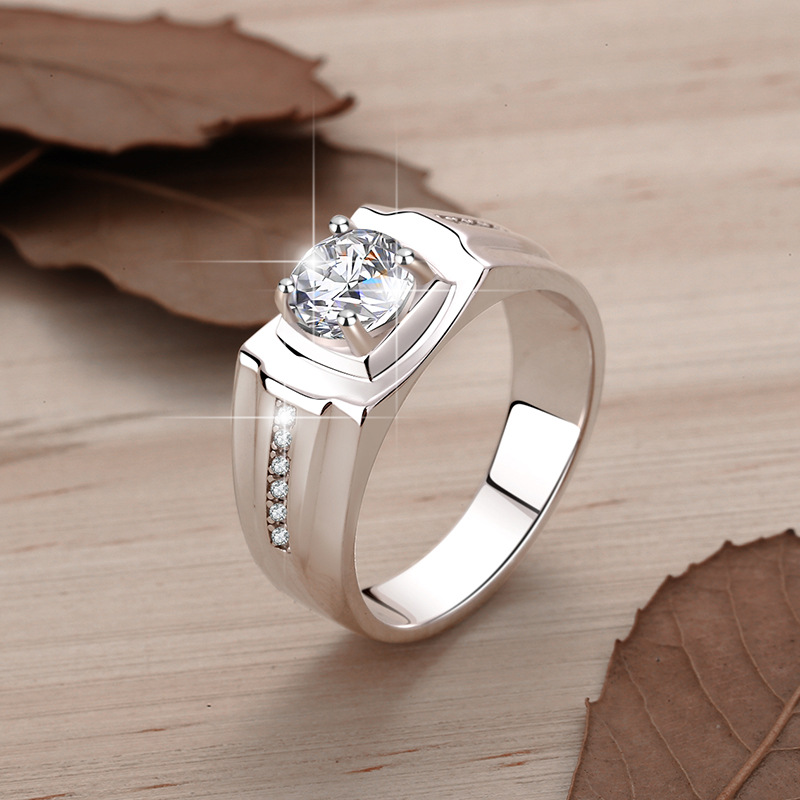 Elegant Luxury Mens Accessory - Premium Sterling Silver Band With A Dazzling Moissanite Stone And Diamond Accents