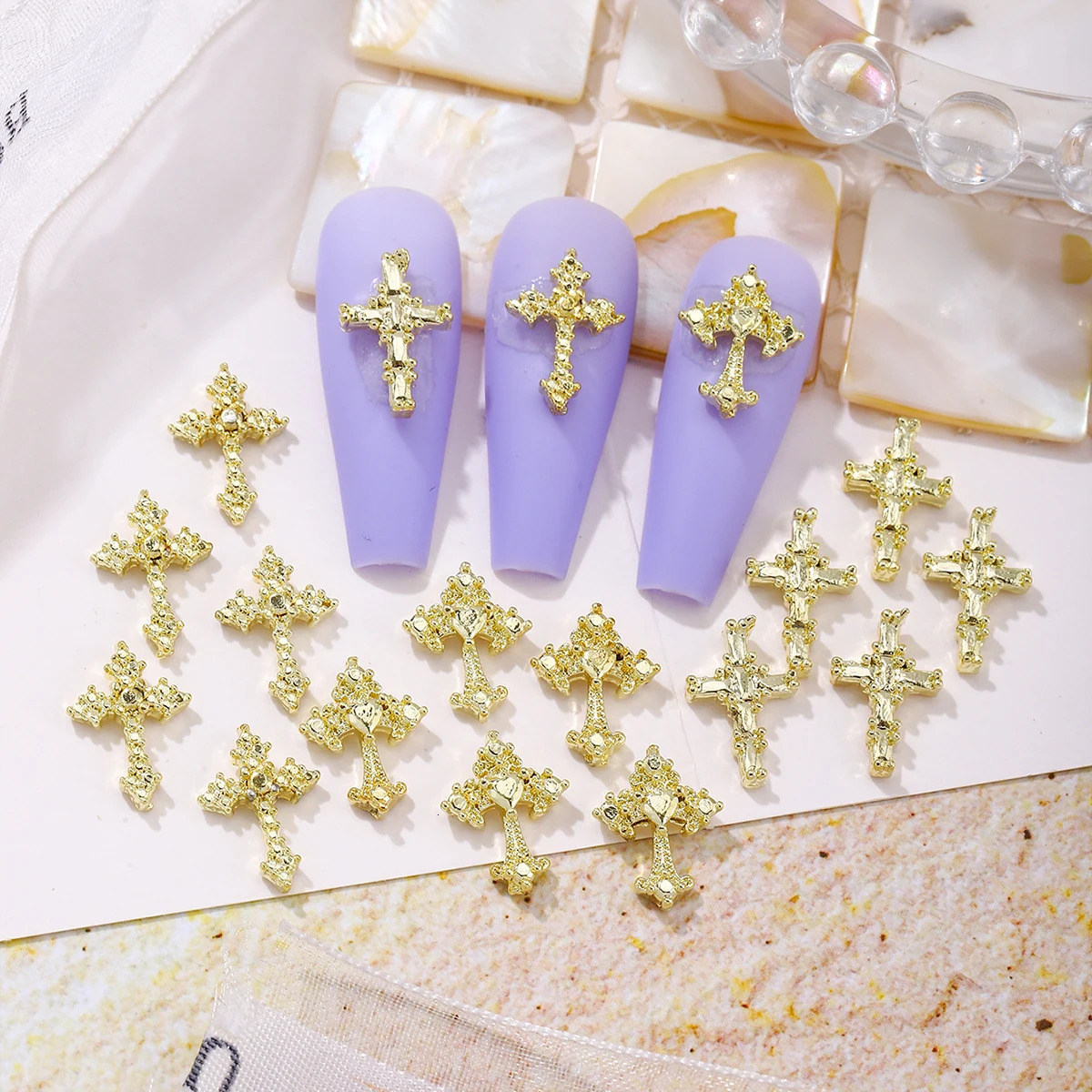 60pcs European and American style light metal cross 3 silver y2k advanced retro dark nail decoration 250605
