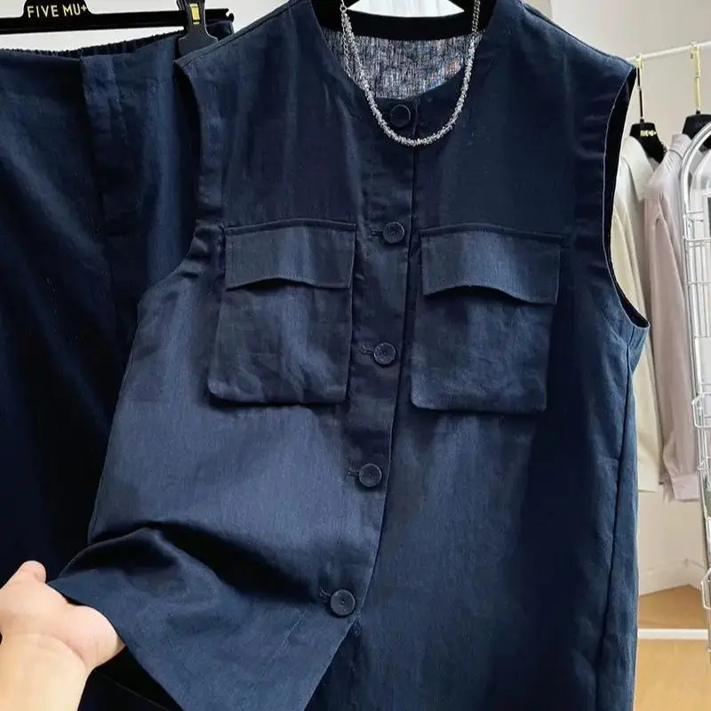 Limiguyue Summer Linen Set Fashion Pockets Sleeveless Vest Top Sense Split Midi Half Skirt Women 2 Piece Sets Casual 756P 250606