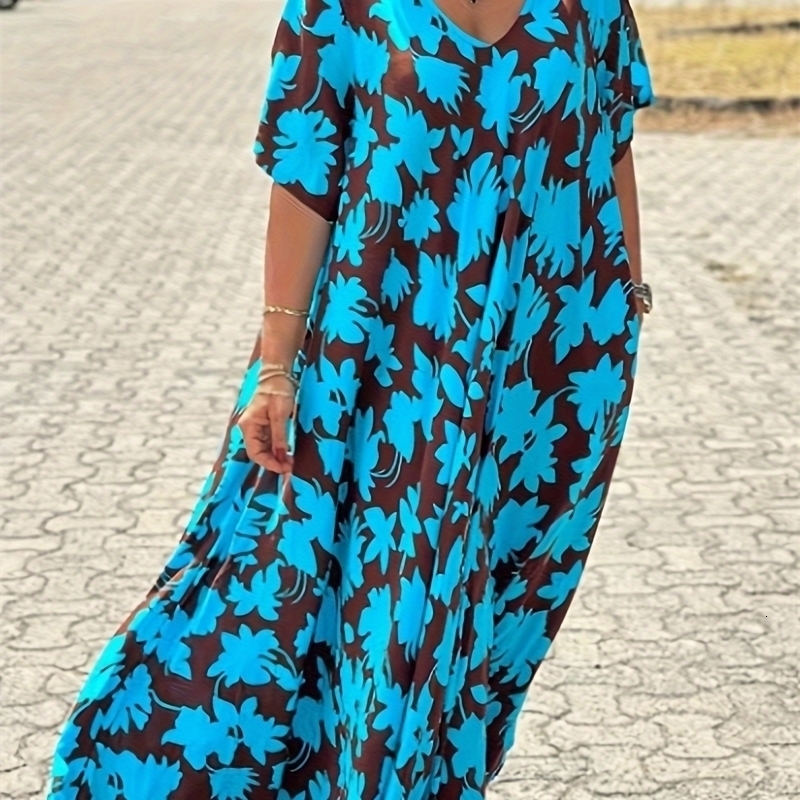 Plus Size Womens Summer Dress Loose Leaf Print Pattern Beach Travel Home Essential Casual Clothing 250526
