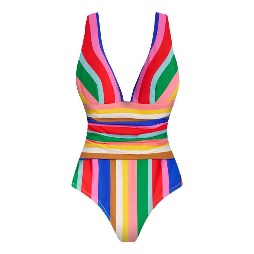 2025 Swimwear New Colorful Striped Dopamine Vacation One-Piece Swimsuit Set for Women