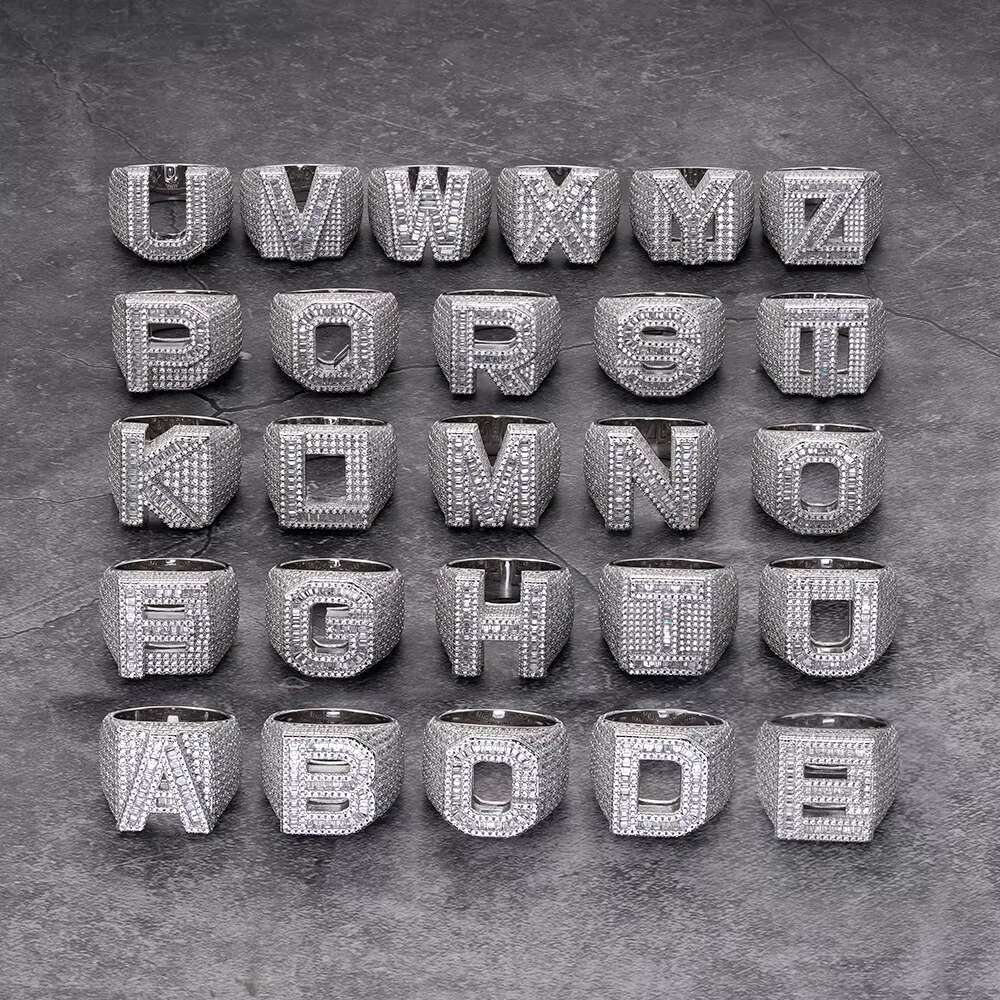 Jewelry Wholesale Custom 925 Sterling Silver Vvs Baguette Moissanite CZ Diamond Iced Out 26 Letters Hip Hop Band Ring for Men