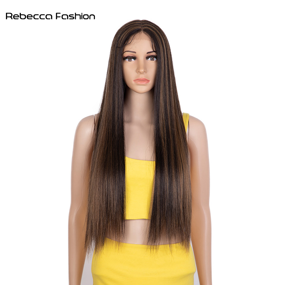 Rebecca Fashion Synthetic Blue Highlights Colors Straight Wig Middle Part Lace Wigs For Black Women Heat Resistant Cosplay