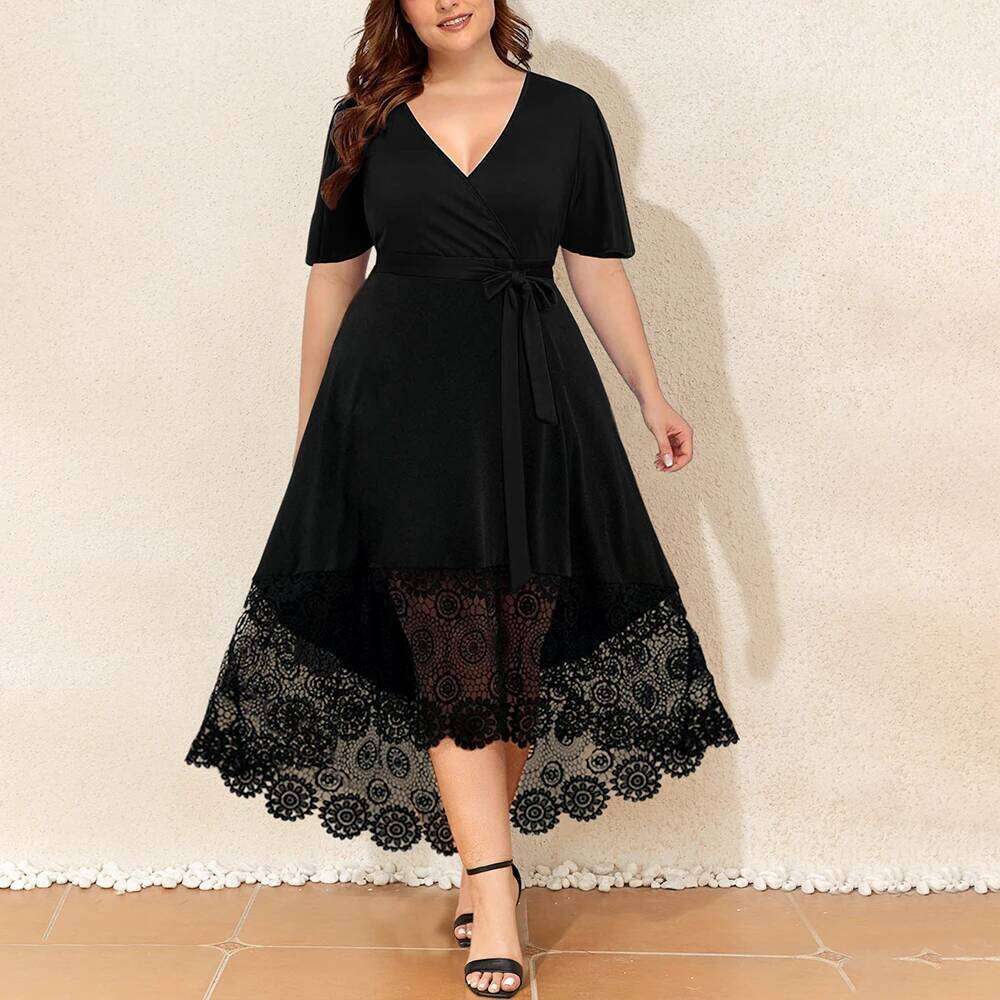 Plus Size Womens Sexy Lace Floral V-Neck Pockets Midi Dress Ladies Short Sleeve Evening Party tail Ball Gown Sundress XL-5XL