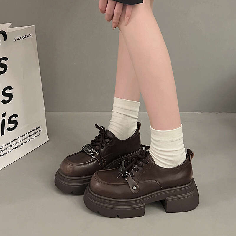 Genuine Leather British Style Women's 2024 Spring New Versatile Lace-up Single Shoes Thick Sole Height Increasing Black Loafers