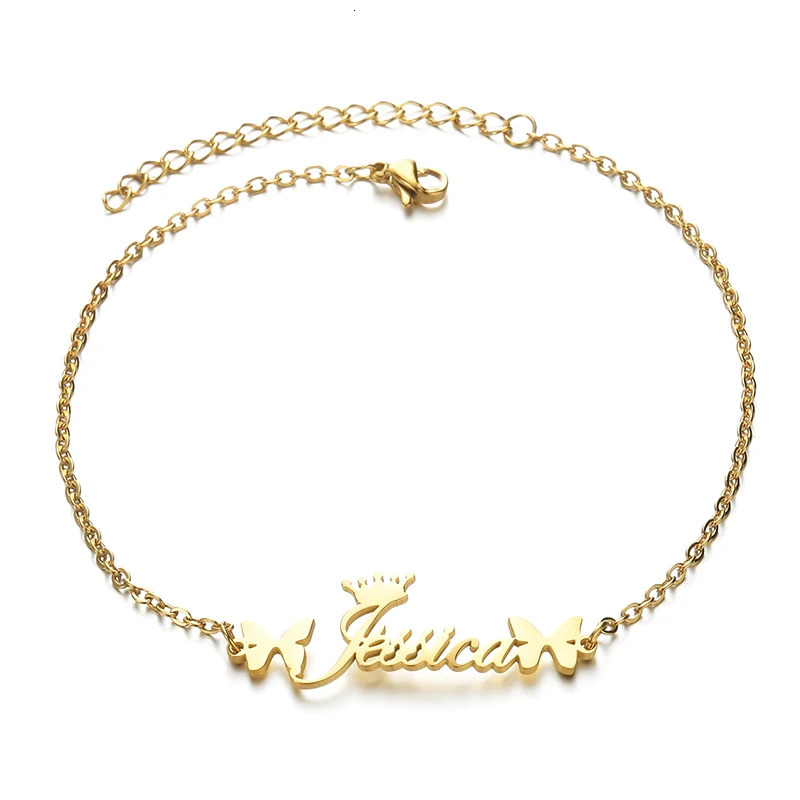Goxijite Customized Ladies Name Anklet Stainless Steel Custom Crown Butterfly Nameplate Jewelry Worn On Ankles Gifts Wholesale 250606
