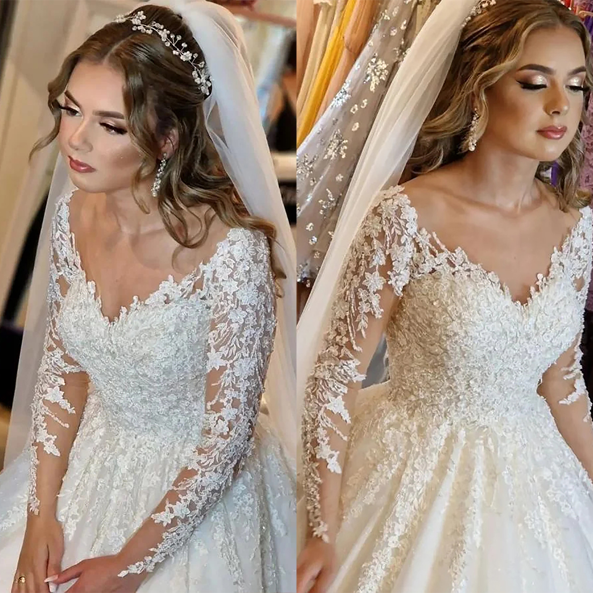 Luxury Floral Lace Wedding Dresses A Line Sweep Train V Neck Tiered Beaded Bride Gowns Long Sleeves Custom Made Formal Castle Church Garden Princess B