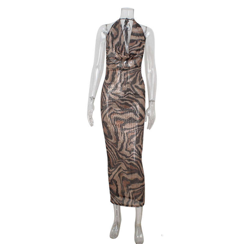 Women's New Fashion Sexy V-Neck Halter Classic Leopard Print Sequin Long Dress B5