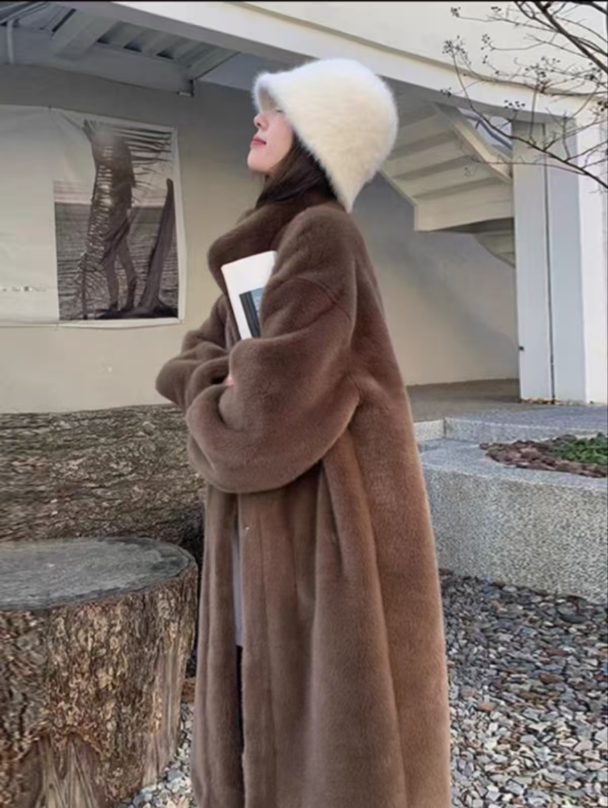Fashionable stand up collar long fur coat - Warm coat comes in four colors to choose from suitable for winter warm wear and temperament solid color