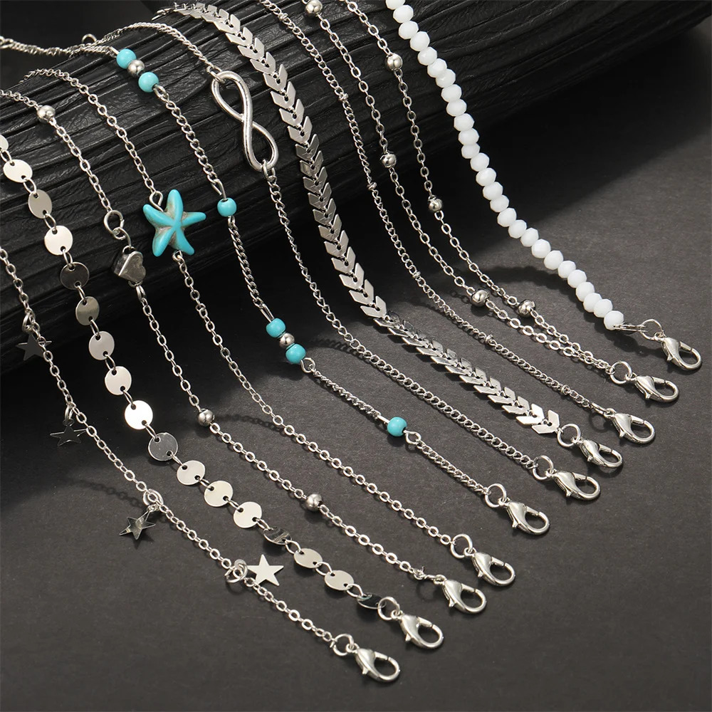 11PCS Multilayers Bohemian Starfish Infinity Heart Chain Anklets Set for Women Teens Summer Beach DIY Bracelet on Leg Ankle Jewelry 250606