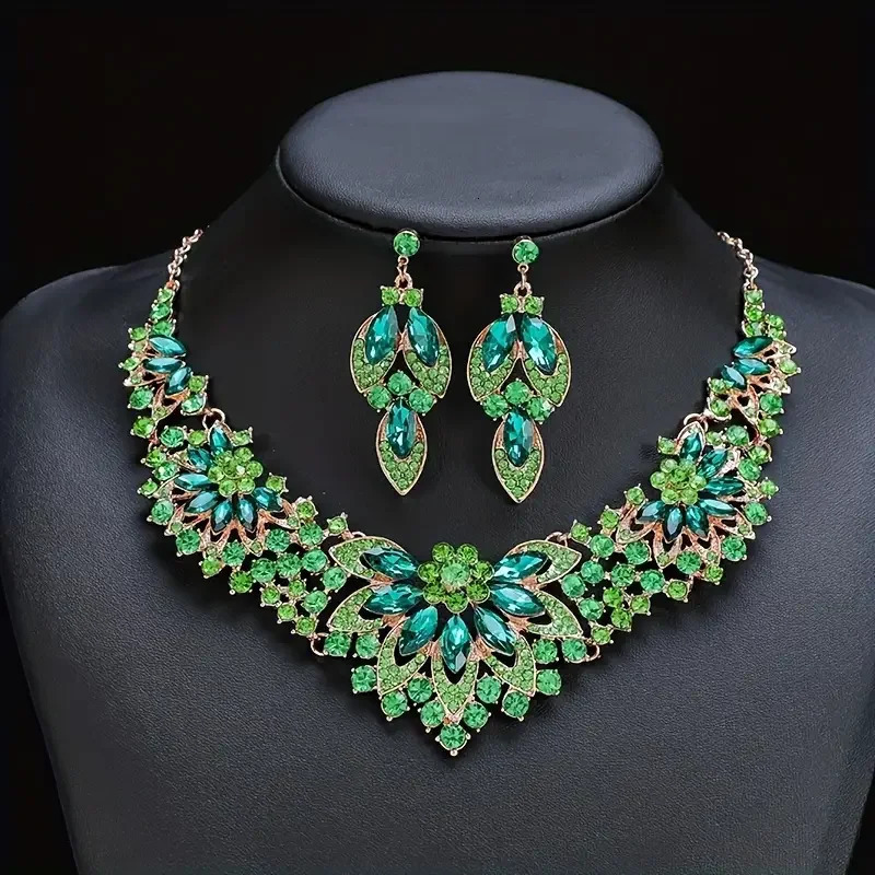 Lady 3pcs Earrings Plus Necklace Jewelry Set Inlaid Rhinestone Trendy Leaf Evening Party Decor For Female 250618