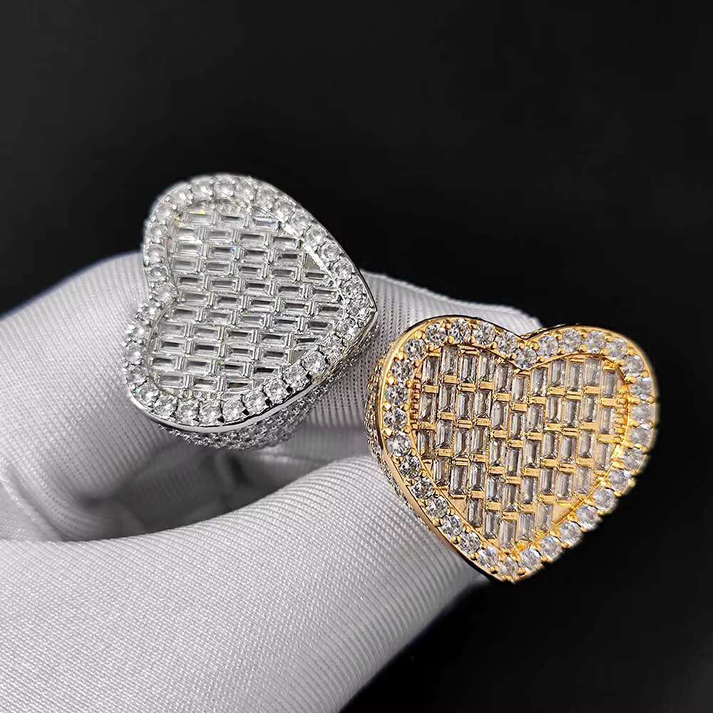 Nuoya Fine Jewelry Hip Hop Style Sterling Silver Ring with Iced Out Moissanite Heart Ring Design Gift