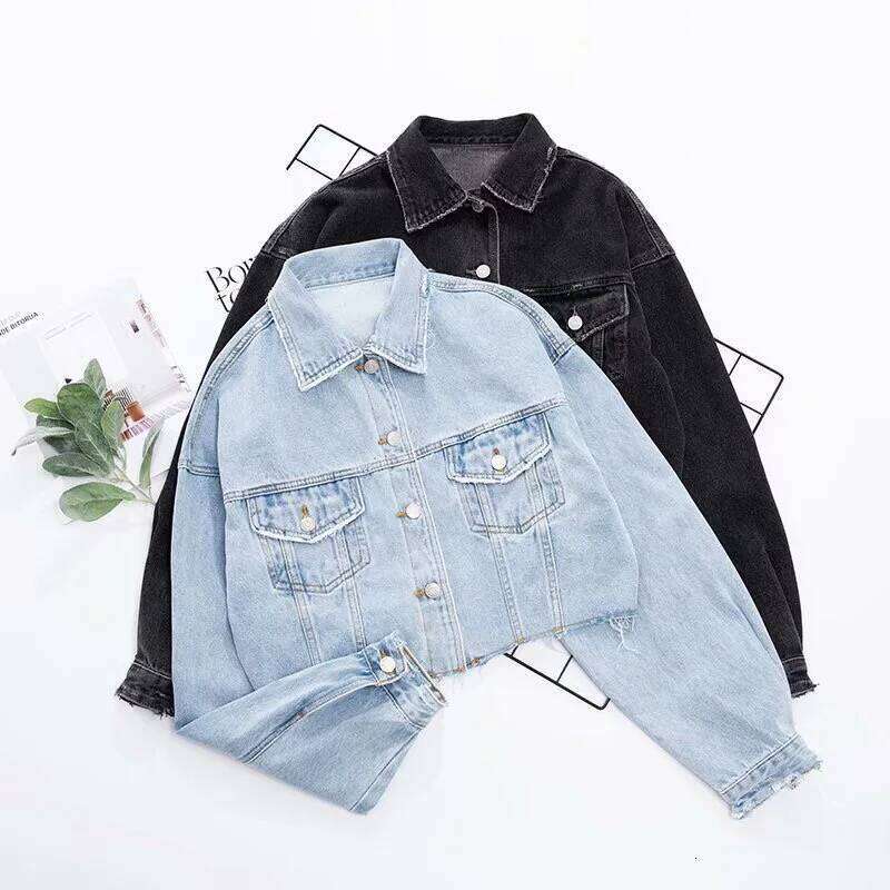 Autumn Drop Shoulder Loose Short Denim Jacket Vintage Women Lapel Pockets Single Breasted Draped Jean Coat Cool Outerwear