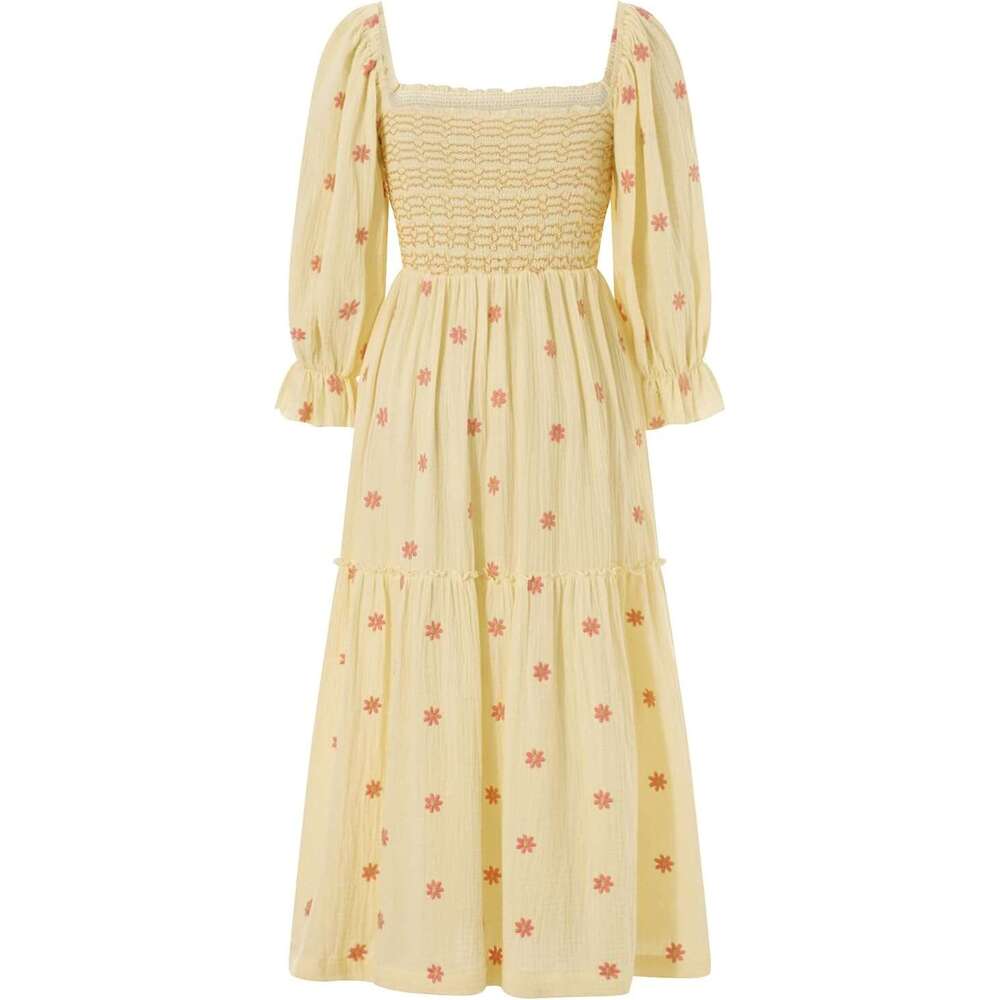 Women 2025 Bohemian Floral Square Neck Ruffle Swing A Line Maxi Sleeve Beach Long Dress