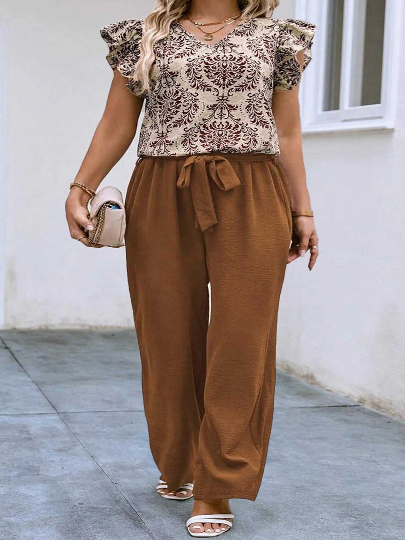 Plus Size 2024 Summer American Ethnic Style Loose Casual Vneck Two Piece Set 250603