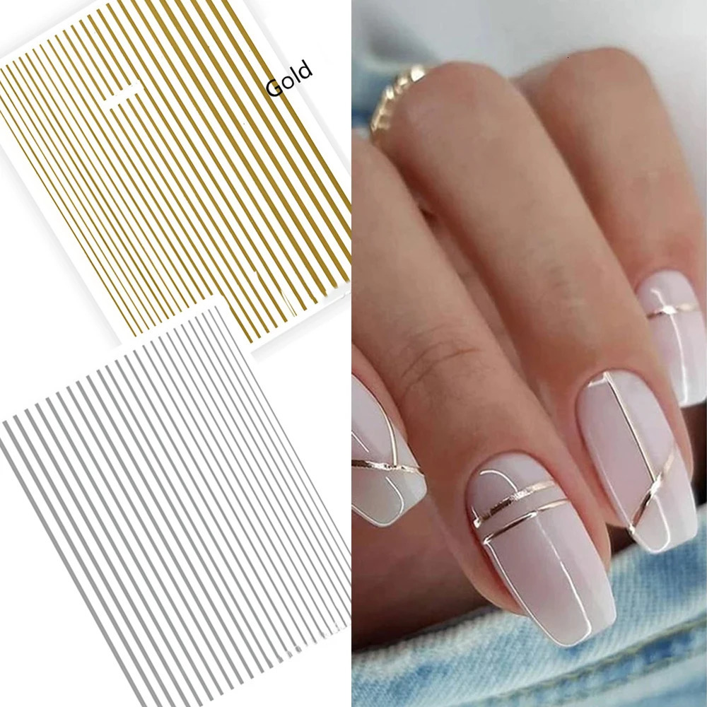 1Pc Silver Gold Lines Stripe Nail Sticker Decals Metal Strip Nails Slider 3D Self Adhesive n Art Stickers Paper 250605