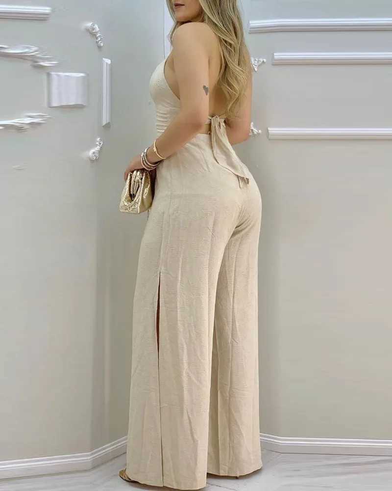 Mandylandy Beige Sexy Jumpsuits Women Sleeveless Halter Neck Lace Spliced Split Jumpsuit Slim Fit Wide Leg Pants Jumpsuits XJ250609