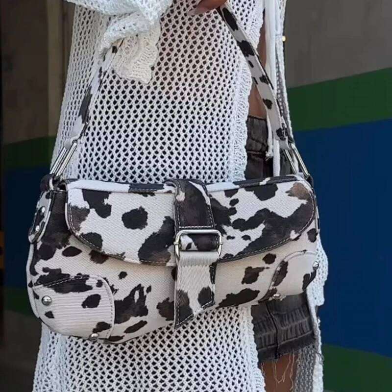 Leopard /Cow Pattern Canvas Shoulder Bag,Animal Print Women Underarm Tote Bag,French Asymmetric Clutch Bag,Lady Vintage Handbag