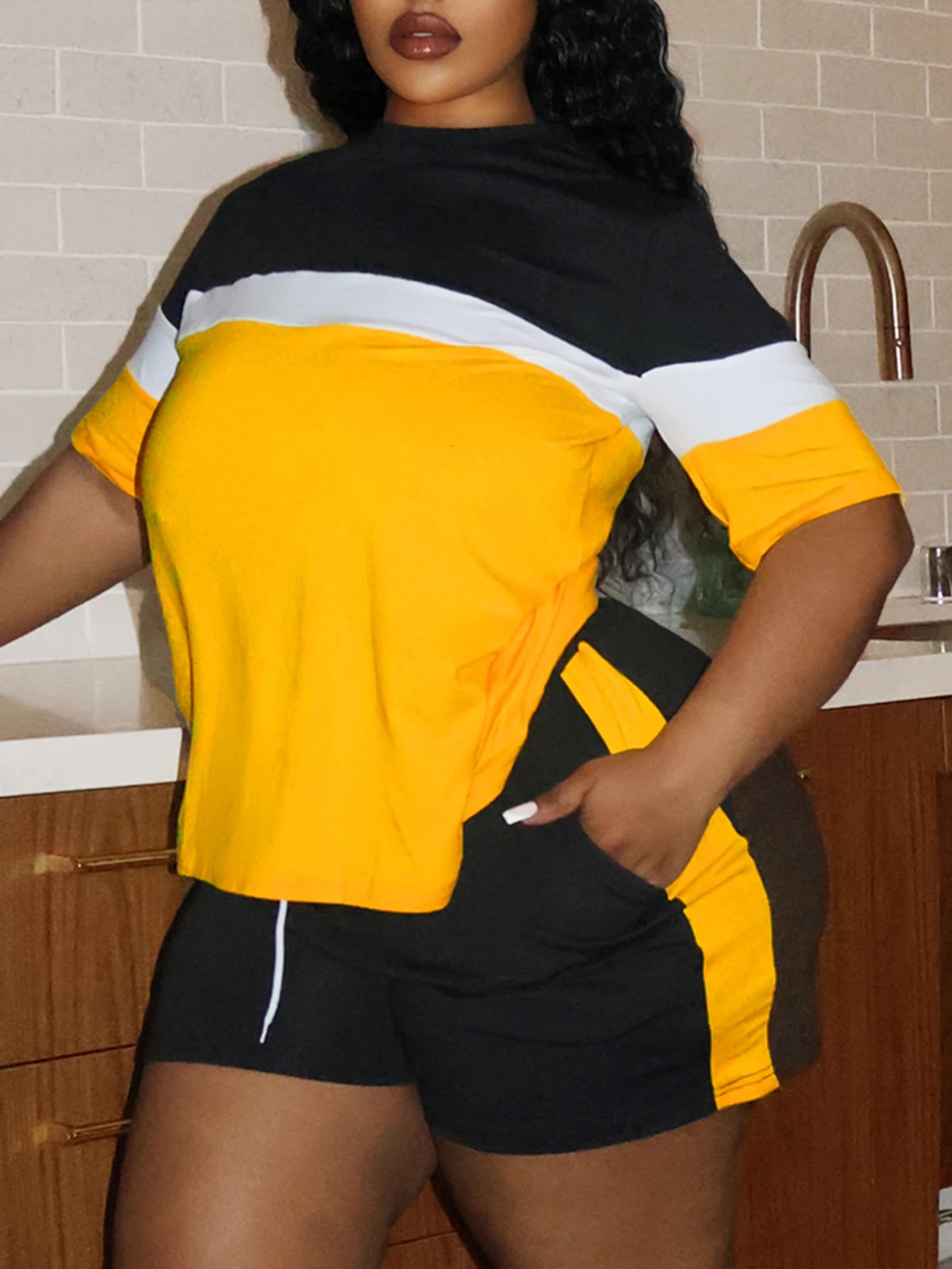 LW Plus Size women clothing Striped Pocket n Shorts Set plus size matching sets casual summer short sleeve Top shorts set 250603