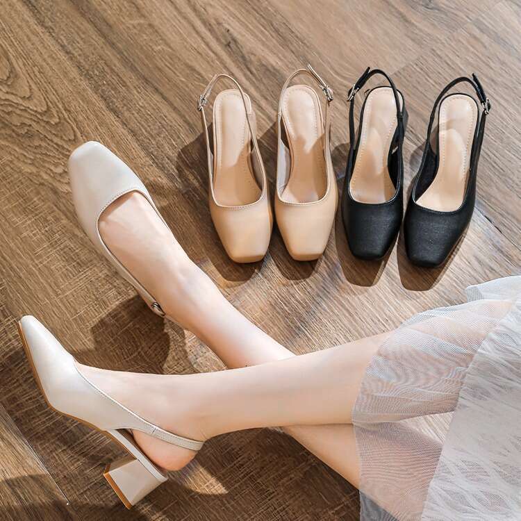 35-42 Large Size Soft Leather Peep Sandals Summer 2024 New Square Toe One Strap Office Thick Heel Slippers