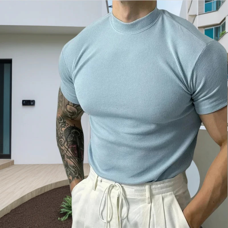 spring summer Elastic Comfortable Mens T-shirt Small high collar stripe shirt short sleeve fitness tops sports casual T-shirt 250603