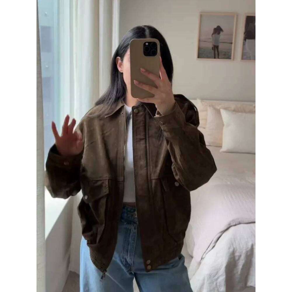 Vintage Suede Zipper Bomber Jacket For Women Spring New Elegant Lapel Motorcycle Long Sleeve Coats Female Street Chic Outerwear