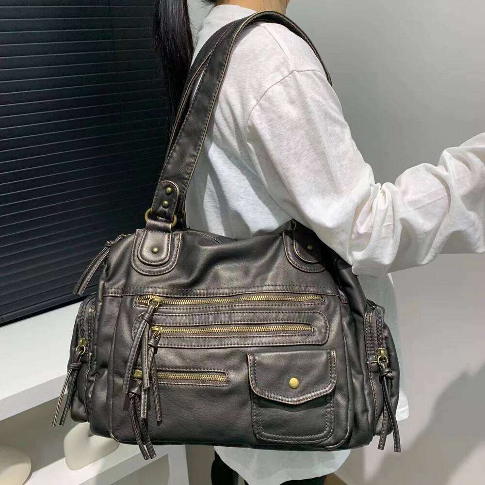 Annmouler Large Capacity Handbag PU Leather Shoulder Y2k Soft Motorcycle Retro Tote Bag For Women