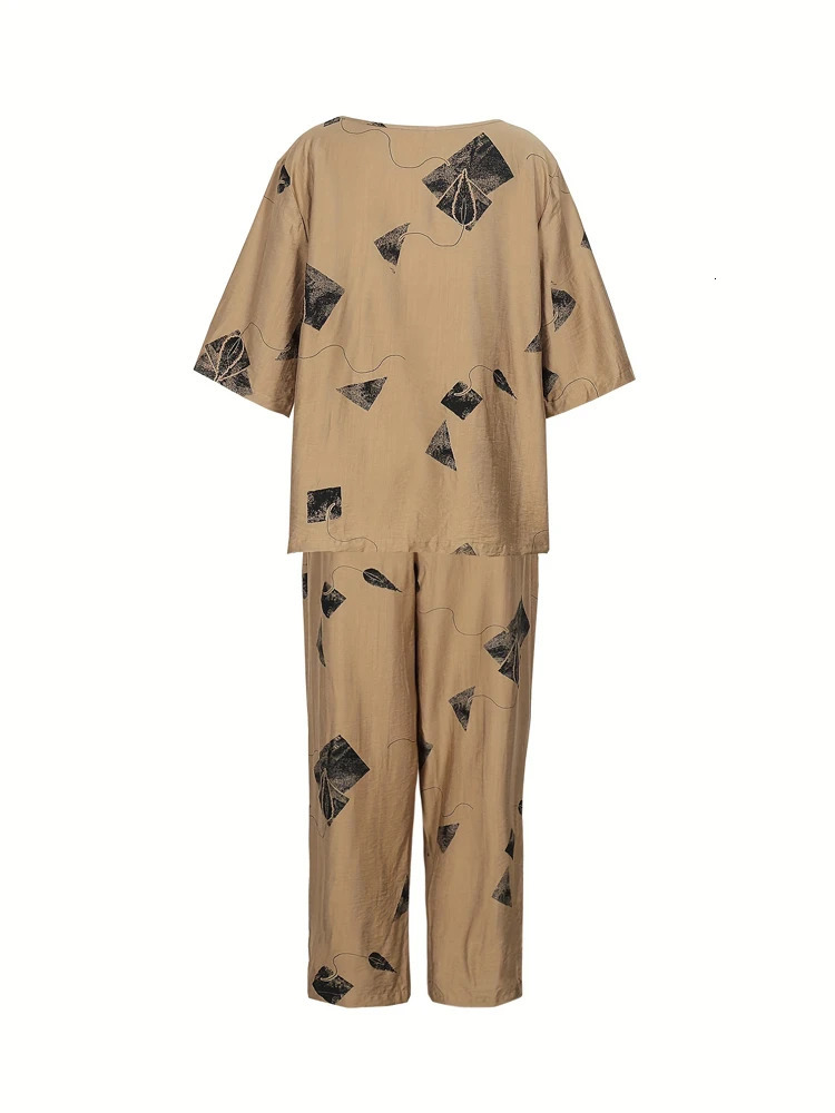 Plus Size 2025 Summer Womens Irregular Pattern Round Neck Short Sleeve Top Elastic Waist Trousers Basic 2 Piece Set 250603