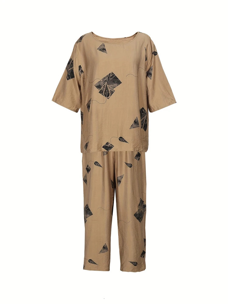 Plus Size 2025 Summer Womens Irregular Pattern Round Neck Short Sleeve Top Elastic Waist Trousers Basic 2 Piece Set 250603