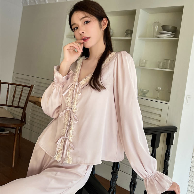 B920-Ice silk ladies pajamas spring and autumn new cardigan long sleeve trousers two-piece suit can be worn as a casual home wear