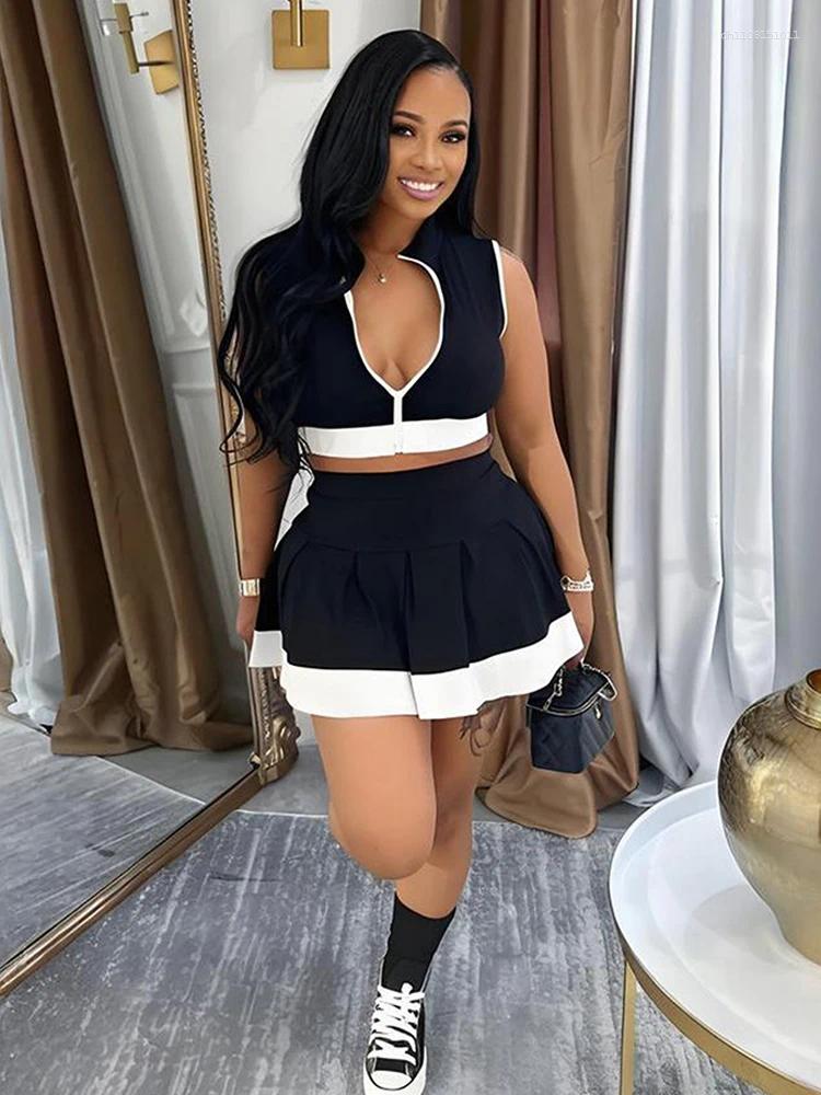 Women's Tracksuits Beyprern Cute Girls Zipper Front Crop Top And Ruffles Skirt Set Summer Two Piece Dress Sporty Tennis Active
