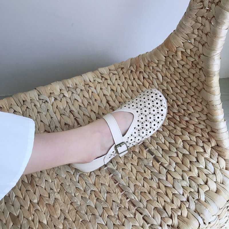 Summer Round Toe Buckle Hollow Solid Color Single Shoes Doll Shoes Shallow Mouth Flat Womens Casual Shoes