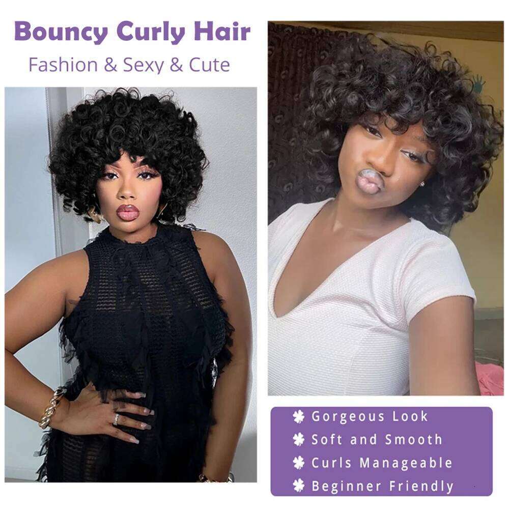 Fluffy Funmi Glueless Natural Short Bouncy Curly Bob Virgin Human Hair Wig with Bangs For Black Women