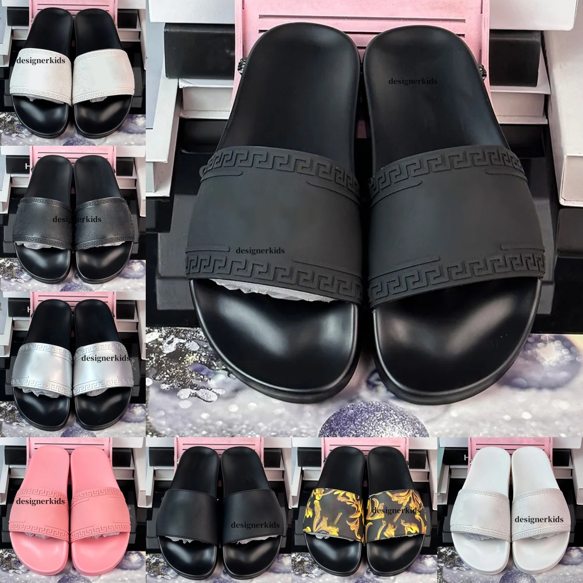 Baroque Rubber Pool Slide Designer slides Medusa Chain Palazzo Womens Barocco mens slippers Navy white pink Leather black Gold red Molded Royal Blue Women