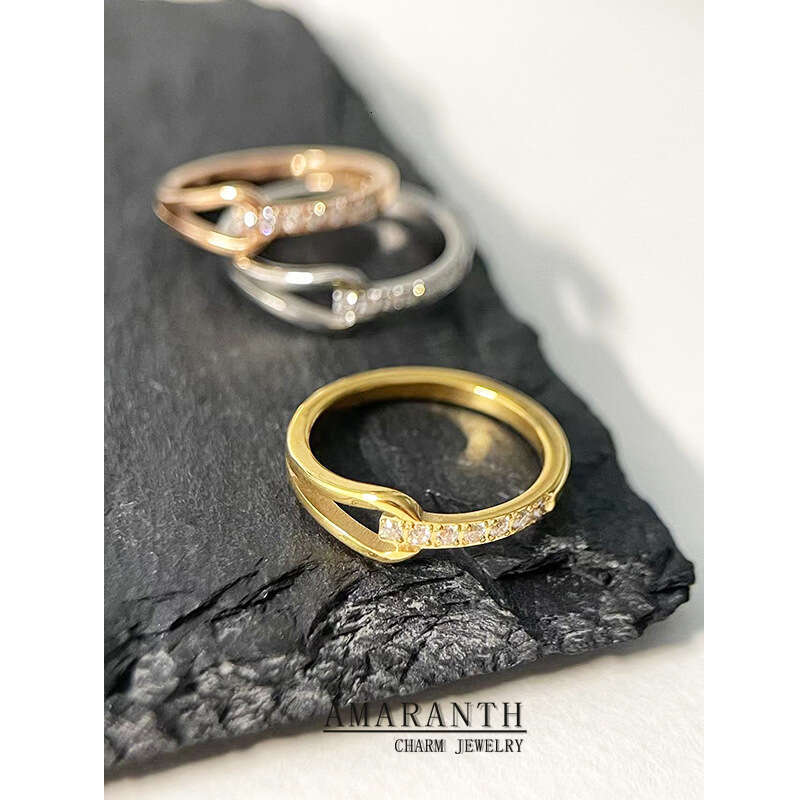 Titanium Steel Gold-Plated Non-Fading Zircon Row for Women Half Circle Full Index Finger Stacking Inlaid Dia Tail Ring