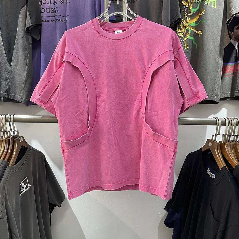 Summer New Cotton Patchwork Vintage Quality Men Women T-shirts High Street Washed Solid Color Loose Tee Short Sleeve Tops