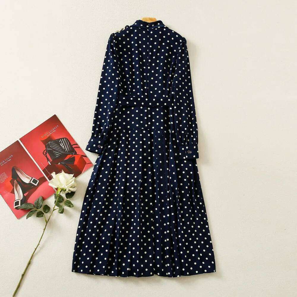 Elegant Fitted Dress Round Neck Long Sleeve Blue Polka Dot Waist-Fitted Women's Clothing New Arrival Spring Summer