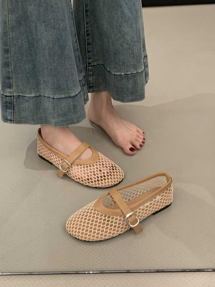 Korean Mesh Hollow Single Shoes For Women Summer New Fairy Elegant Shallow Mouth Flat Sandals Fishnet Shoes