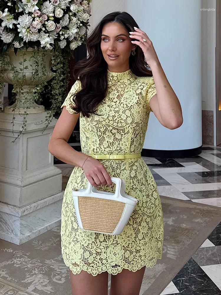 Casual Dresses Chic Butter Yellow Lace Print Mini Dress Womens Elegant Short Sleeve O-neck High Waist Gowns 2025 Lady Holidays