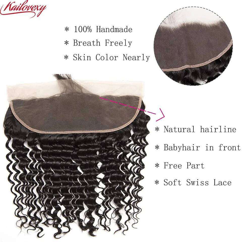 Deep Wave 3/4 with Frontal Closure 13x4 4x4 Free Part 100% Unprocessed Human Hair Bundles Natural Color