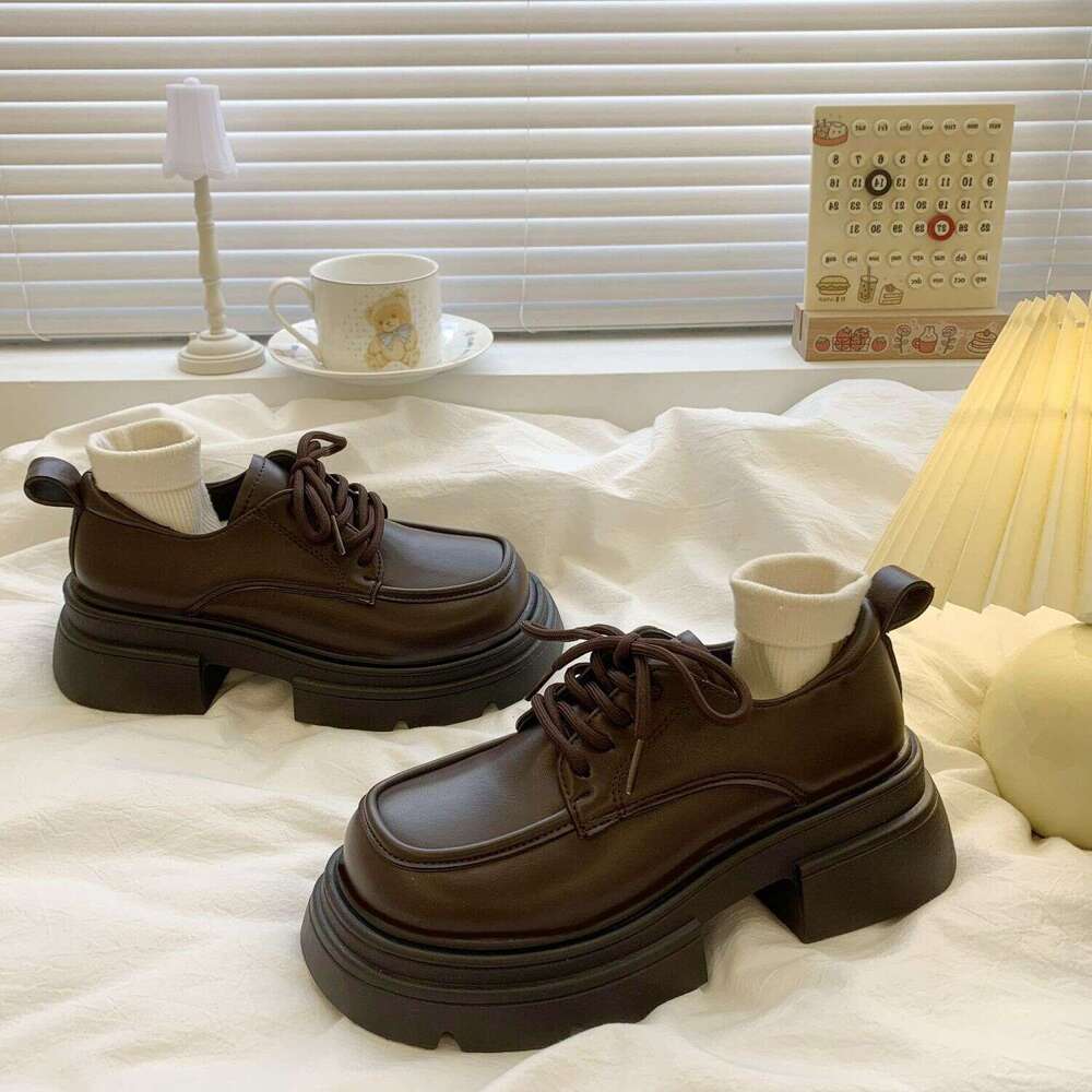 Genuine Leather British Style Women's 2024 Spring New Versatile Lace-up Single Shoes Thick Sole Height Increasing Black Loafers