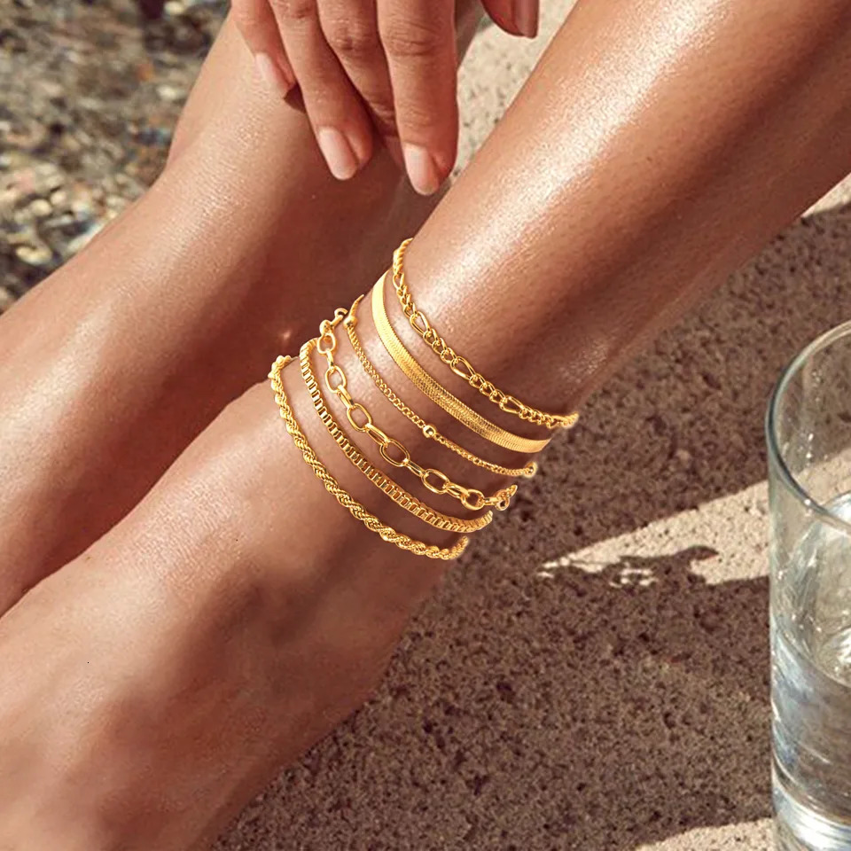 Multi-piece Set Bohemian Vacation Simple Style Stackable Vegan Chain for Women Summer Anklet Plated 18K gold Silver hypoallergenic 250606