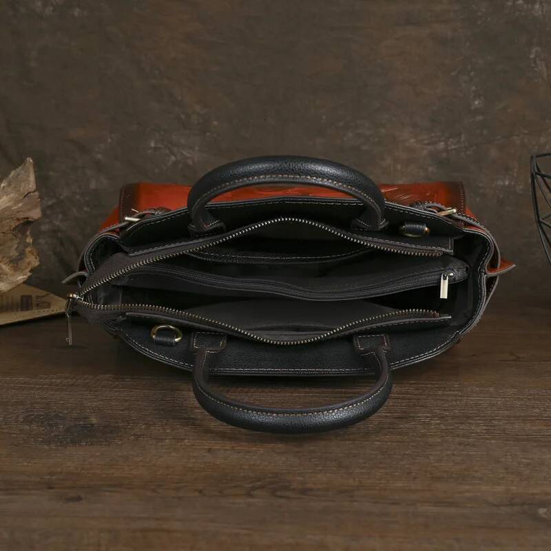 Floral Women Genuine Handbag Vintage Cowhide Tote Bag Fashion Ladies Cow Leather Shoulder Or Crossbody Bags