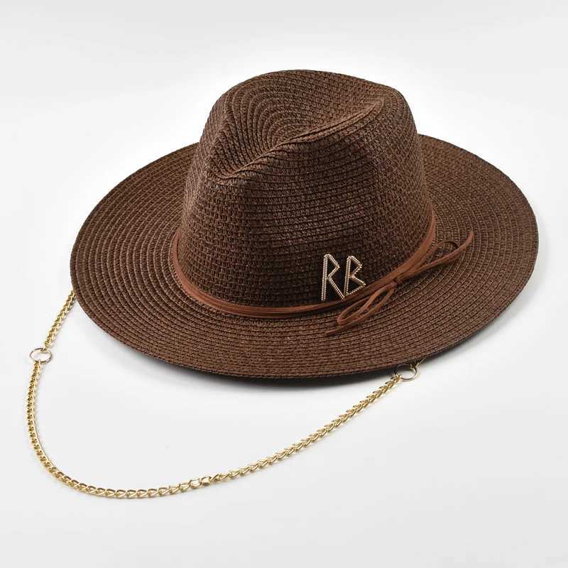 Fashionable Metal RB Letter Straw Hats for Women Men Summer Panaman Jazz Hat Outdoor Holidays Beach Sun Hat W250609