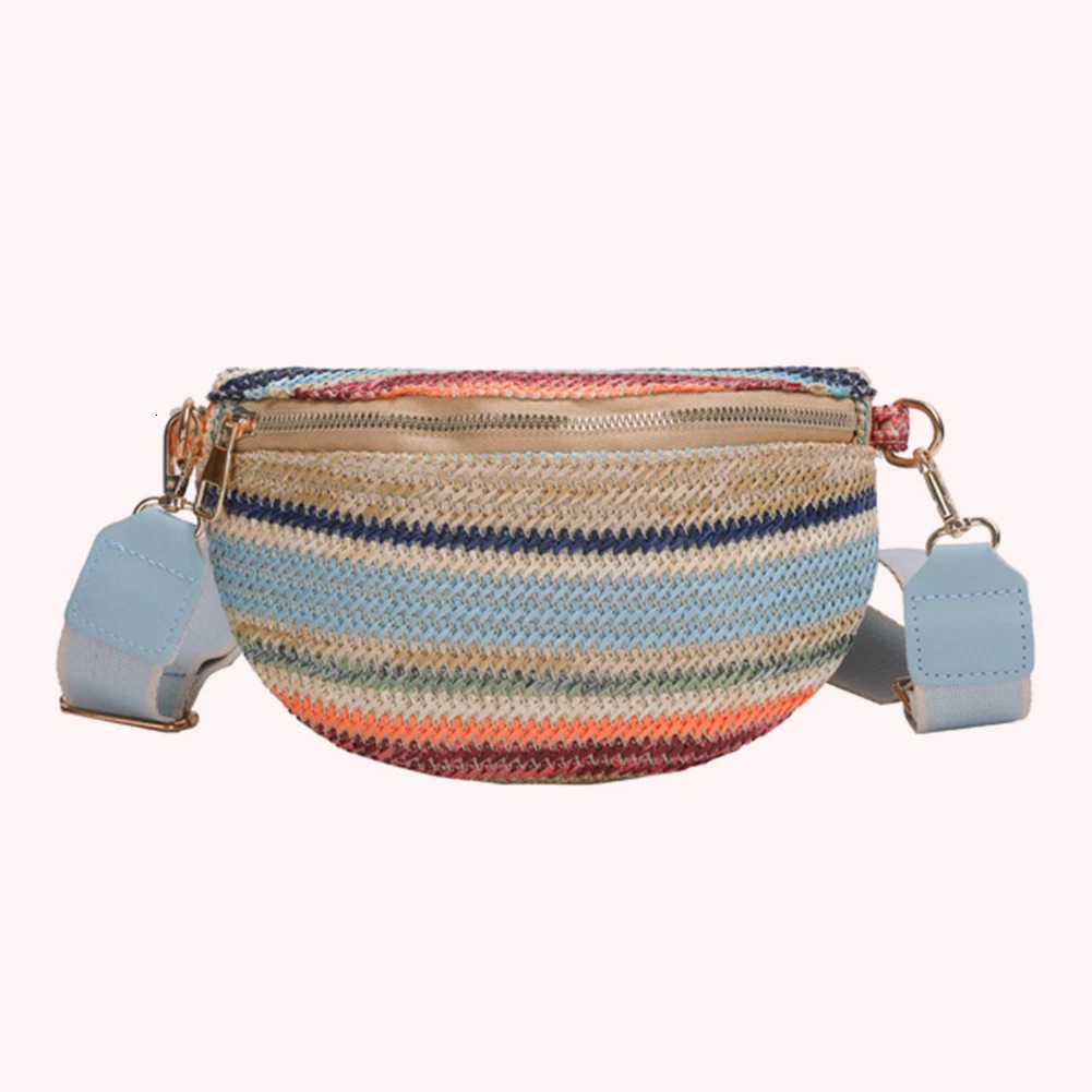 Rainbow Striped Fanny Pack Bum Bag Fashion Straw Woven Waist Bag Adjustable Strap Simple Portable Colorful for Weekend Vacation 250603